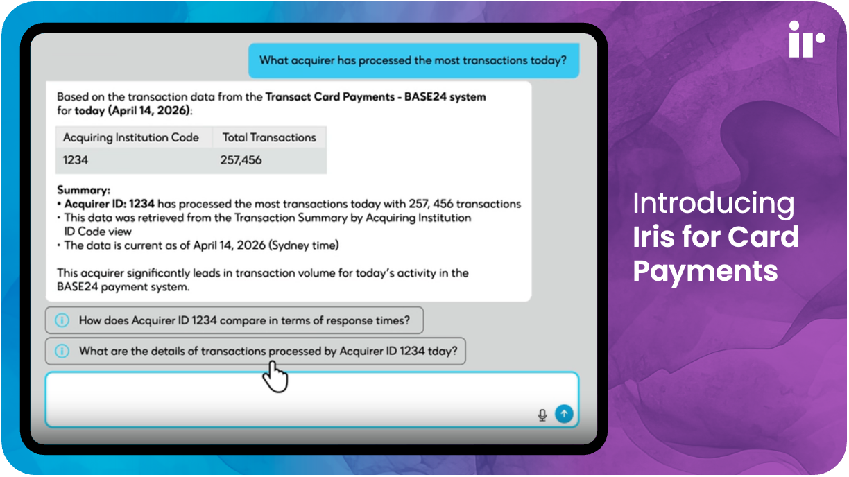 Iris AI Assistant for Card Payments banner image - with example interface displayed