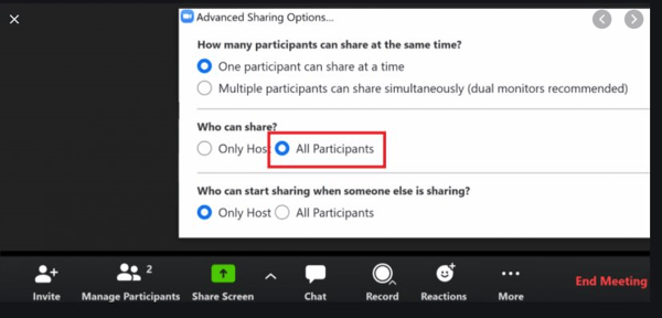 Host screen sharing
